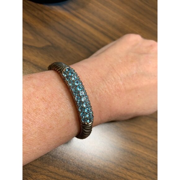 Sterling Silver 925 Cuff Bracelet Blue Rhinestones Twisted Rope Jewelry Women - Picture 8 of 8